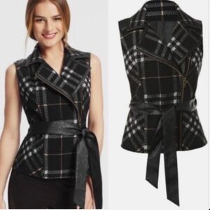CAbi Black Plaid, Moto Style Vest with Belt.